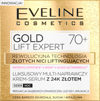 Eveline Gold Lift Expert 70+ krem-serum z 24K złotem. Złote, eleganckie opakowanie z napisami, widok z przodu.