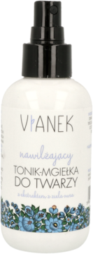 Nawilżający Tonik-Mgiełka do Twarzy Vianek w białej butelce z czarną pompką, z przodu, z ekstraktem z owsa.