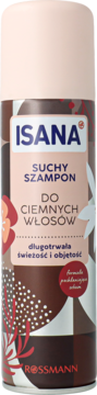 Isana Suchy Szampon do Ciemnych Włosów, brązowa puszka z kwiatami, odświeża, nadaje objętość, logo Rossmann.