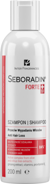 Biała butelka szamponu Seboradin Forte Anti Hair Loss 200ml, widok z przodu, z czerwonym logo.