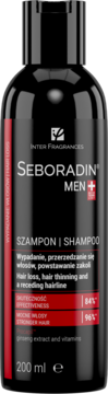 Seboradin MEN szampon 200 ml na wypadanie włosów, czarna butelka z czerwonymi detalami, widok z przodu.