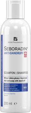Biała butelka szamponu Seboradin Anti-Dandruff 200ml z Piroctone Olamine i Thymolem, niebieska etykieta, przód.