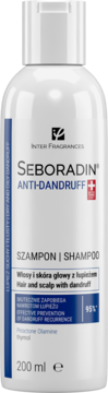 Biała butelka szamponu Seboradin Anti-Dandruff 200 ml na włosy z łupieżem, widok z przodu, z niebieskim paskiem.