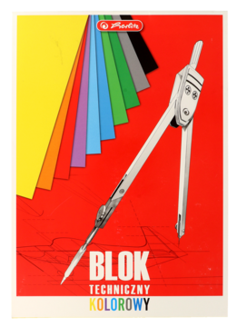 Czerwony blok techniczny kolorowy Faber-Castell z wachlarzem kartek i cyrklem na okładce.