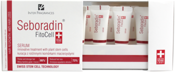 Seboradin FitoCell Serum w białym pudełku i widoczne wewnątrz białe tubki. Kuracja na wypadanie włosów.