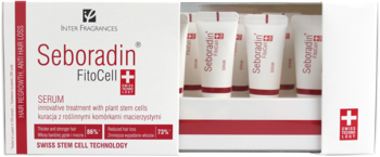 Seboradin FitoCell Serum w białym pudełku i widoczne wewnątrz białe tubki. Kuracja na wypadanie włosów.