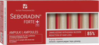 Seboradin Forte ampułki, intensywna pielęgnacja włosów, czerwone opakowanie, z przodu napis "85% redukcji wypadania".