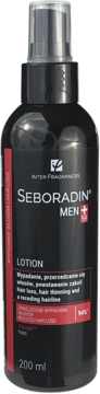 Seboradin Men Lotion 200ml, czarna butelka z pompką na wypadanie włosów i przerzedzanie, widok z przodu.