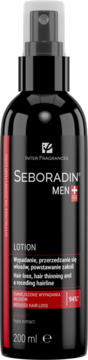 Czarna butelka Seboradin Men+ Lotion 200ml z atomizerem, na wypadanie i przerzedzanie włosów, widok z przodu.