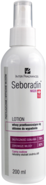 Seboradin NIGER Lotion 200 ml w białej butelce z atomizerem, na włosy przetłuszczające się i wypadające, widok z przodu.