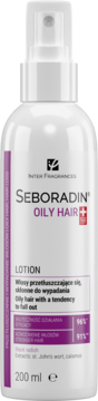 Biała butelka Seboradin Oily Hair Lotion 200ml, do włosów przetłuszczających się i wypadających, widok z przodu.