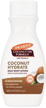 Palmer's Coconut Hydrate Daily Body Lotion, biała butelka, widok z przodu, brązowa etykieta, new look, 48hr moisture.