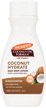 Palmer's Coconut Hydrate Daily Body Lotion, biała butelka, widok z przodu, brązowa etykieta, new look, 48hr moisture.