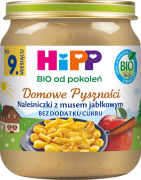 Słoiczek HiPP BIO z deserem Naleśniczki z musem jabłkowym, dla dzieci od 9. miesiąca, bez dodatku cukru.