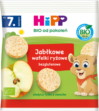 HiPP BIO Jabłkowe wafelki ryżowe bezglutenowe dla dzieci po 7. miesiącu, zielone opakowanie z lwem, widok z przodu.