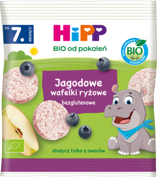 HiPP BIO jagodowe wafelki ryżowe dla niemowląt, opakowanie z hippo, owocami i informacją 'po 7. miesiącu'.
