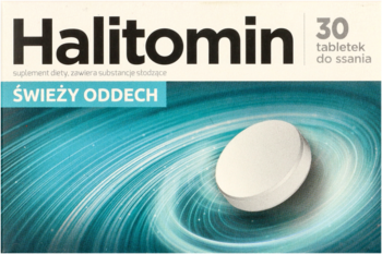 Opakowanie Halitomin 30 tabletek do ssania na świeży oddech, granatowe z niebieskim wzorem i białą tabletką.