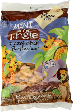 Mini bio herbatniki Ania Jungle z czekoladą w brązowo-niebieskim opakowaniu z rysunkami zwierząt safari, widok z przodu.