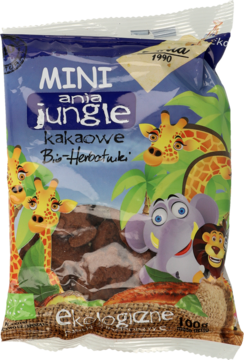 Niebieskie opakowanie Ania Jungle z kakaowymi Bio-Herbatnikami 100g, z rysunkami safari zwierząt.