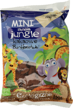 Niebieskie opakowanie Ania Jungle z kakaowymi Bio-Herbatnikami 100g, z rysunkami safari zwierząt.