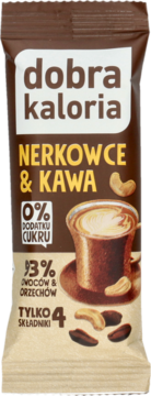 Brązowy baton Dobra Kaloria Nerkowce & Kawa, 0% cukru, 93% owoców i orzechów, z kawą i nerkowcami.