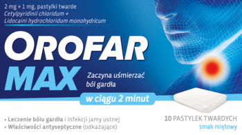 Orofar Max pastylki miętowe na ból gardła, niebiesko-białe opakowanie z grafiką gardła i jedną pastylką.