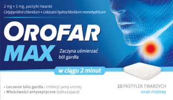 Niebiesko-białe opakowanie Orofar Max, 10 miętowych pastylek twardych na ból gardła, działa w 2 minuty.