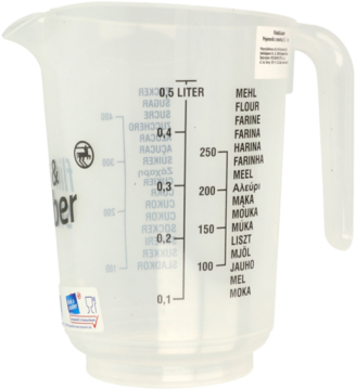 Przezroczysty plastikowy dzbanek z miarką Flink&Sauber 0,5L, z wielojęzycznymi skalami pomiarowymi, widok z przodu.