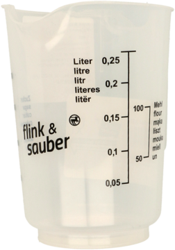Przezroczysty, plastikowy kubek z miarką flink & sauber, widok z przodu, czarna skala do 0.25 litra i mąki.