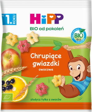 HIPP BIO od pokoleń ,chrupki zbożowe, preparowane, Chrupiące Gwiazdki, BIO, po 1. roku życia,przód