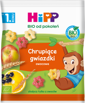 Front opakowania HiPP BIO Chrupiące gwiazdki owocowe, zielone z pomarańczową etykietą, małpką, owocami i zbożami.