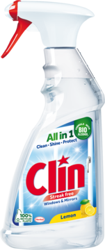 Płyn Clin All in 1 Lemon do szyb, streak free, w przezroczystej butelce ze spryskiwaczem, widok z przodu.