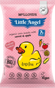 MCLLOYD'S Little Angel chrupki BIO, różowa saszetka z kukurydzą, marchewką, jabłkiem i kaczuszką, dla dzieci 7+. Widok z przodu.
