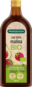 Brązowa butelka soku 100% malina BIO NFC Premium Rosa 500ml, z etykietą z malinami.
