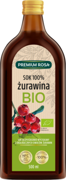 Butelka 100% soku żurawinowego BIO Premium Rosa, ciemne szkło, złota nakrętka, frontowa etykieta z żurawinami.