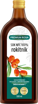 Bursztynowa butelka soku Premium Rosa rokitnik, 500ml, z etykietą przedstawiającą owoce rokitnika, widok z przodu.
