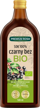 Ciemna butelka 500ml soku 100% BIO z czarnego bzu Premium Rosa, bezpośrednio wyciskanego.