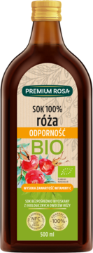 Brązowa butelka soku Premium Rosa 100% róża BIO 500ml, widok z przodu, na odporność, witamina C.