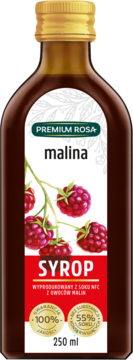 Syrop malinowy Premium Rosa, ciemna butelka, etykieta z owocami malin, z soku NFC, widok z przodu.
