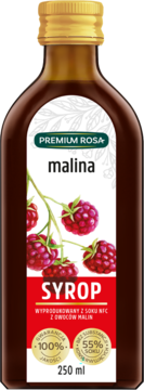 Syrop malinowy Premium Rosa, ciemna butelka, etykieta z owocami malin, z soku NFC, widok z przodu.