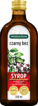 Brązowa butelka syropu Premium Rosa Czarny Bez 250ml, etykieta z ilustracją owoców, widok z przodu.