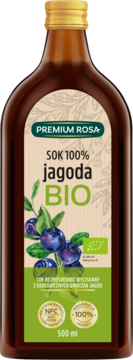 Sok jagodowy Premium Rosa BIO 500ml, ciemna butelka z etykietą 100% jagoda BIO i grafiką owoców, przód.