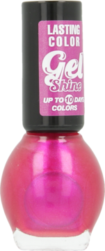Fuksjowy lakier do paznokci Gel Shine w okrągłej butelce, czarna nakrętka, widok z przodu, trwały do 10 dni.