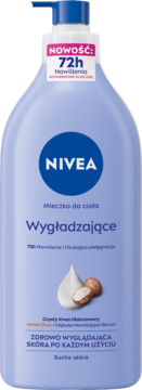 Fioletowe mleczko do ciała Nivea Wygładzające, 72h nawilżenia, z niebieską pompką, widok z przodu.