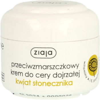 Ziaja krem przeciwzmarszczkowy do cery dojrzałej, biały słoiczek z kwiatem słonecznika, widok z przodu.