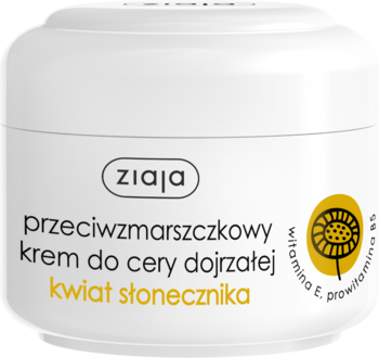 Ziaja przeciwzmarszczkowy krem do cery dojrzałej, kwiat słonecznika, w białym słoiczku, widok frontalny.