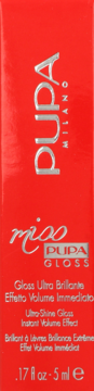 Czerwone, prostokątne opakowanie błyszczyka PUPA MILANO Miss PUPA GLOSS 5 ml, z efektem ultra-połysku.