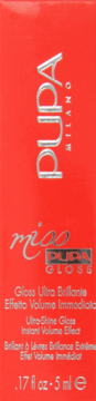 Pupa Milano Miss Pupa Gloss w czerwonym pudełku z srebrnym napisem, widok z przodu. Ultra-Shine Gloss.