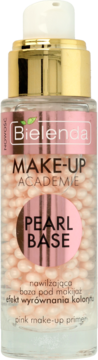 Bielenda Pearl Base różowy primer w przezroczystej butelce ze złotą pompką, widok z przodu.