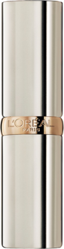 Pielęgnująca pomadka L'Oréal Color Riche w eleganckiej, metalicznej srebrno-złotej tubce, widok z przodu.